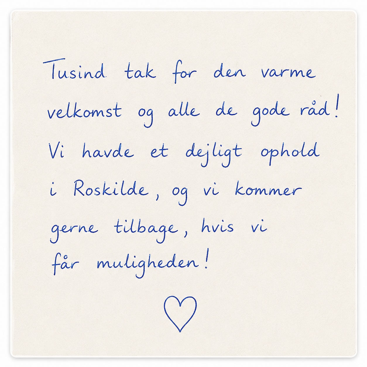 Håndskrevet gæstehilsen hos Roskilde Bed and Breakfast