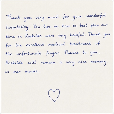 Guestbook message after a stay at Roskilde Bed and Breakfast
