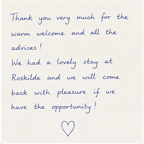 Handwritten guestbook greeting at Roskilde Bed and Breakfast
